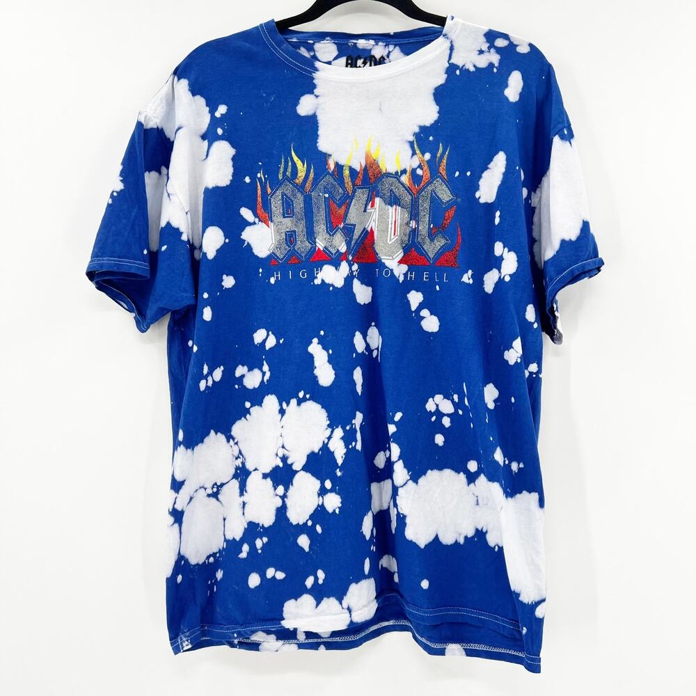 ACDC Unisex Blue White High Way‎ To Hell Tie Dye Graphic Tee T Shirt Size L